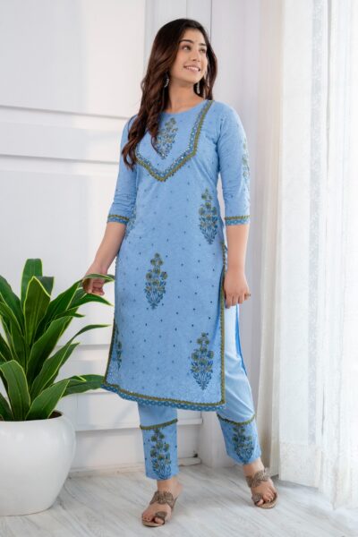 Cotton Schiffli Hand Block Printed Dupatta Set for Women | Straight Kurti with Mulmul Dupatta